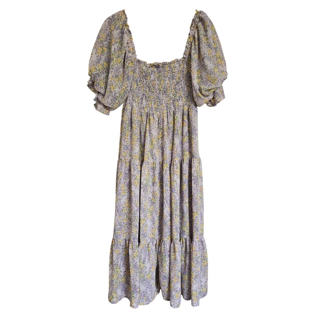 &merci Women's Maxi Dress M Lavender/Floral Smocked Puff Sleeve Cottagecore Boho